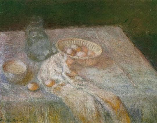 A wicker basket of eggs, loose eggs on a crumpled white napkin, a glass carafe and a white bowl sit on a pale tablecloth against a dark green background — Claude Monet, Still Life with Eggs, 1907