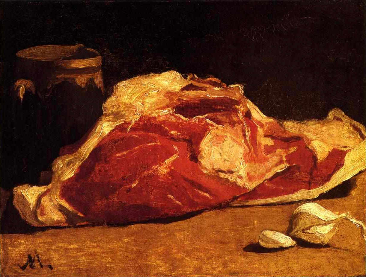 A raw red cut of beef edged with creamy fat lies on a wooden table beside two cloves of garlic and a dark stoneware pot — Claude Monet, Still Life with Meat, 1864