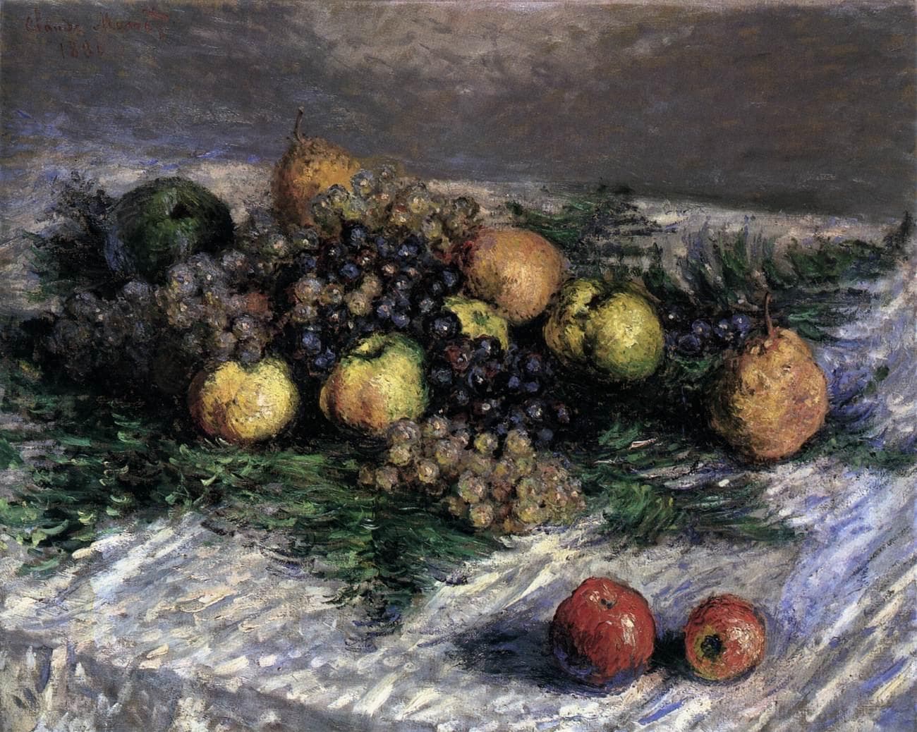 Pears, green apples and bunches of dark and pale grapes lie on green sprigs across a white tablecloth, with two red apples apart at the front — Claude Monet, Still-Life with Pears and Grapes, 1880