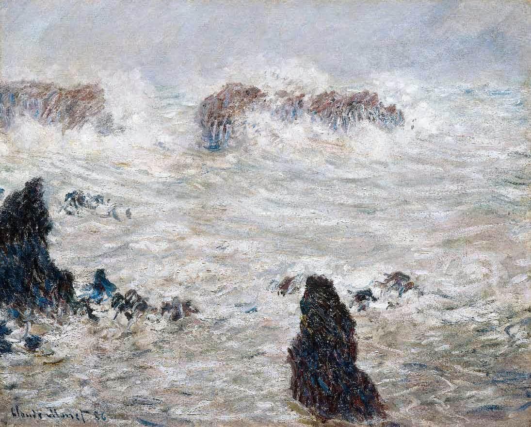 Grey and white storm-churned sea foams around dark rocks, with a pointed rock stack in the foreground and no visible horizon — Claude Monet, Storm off Belle-Île, 1886