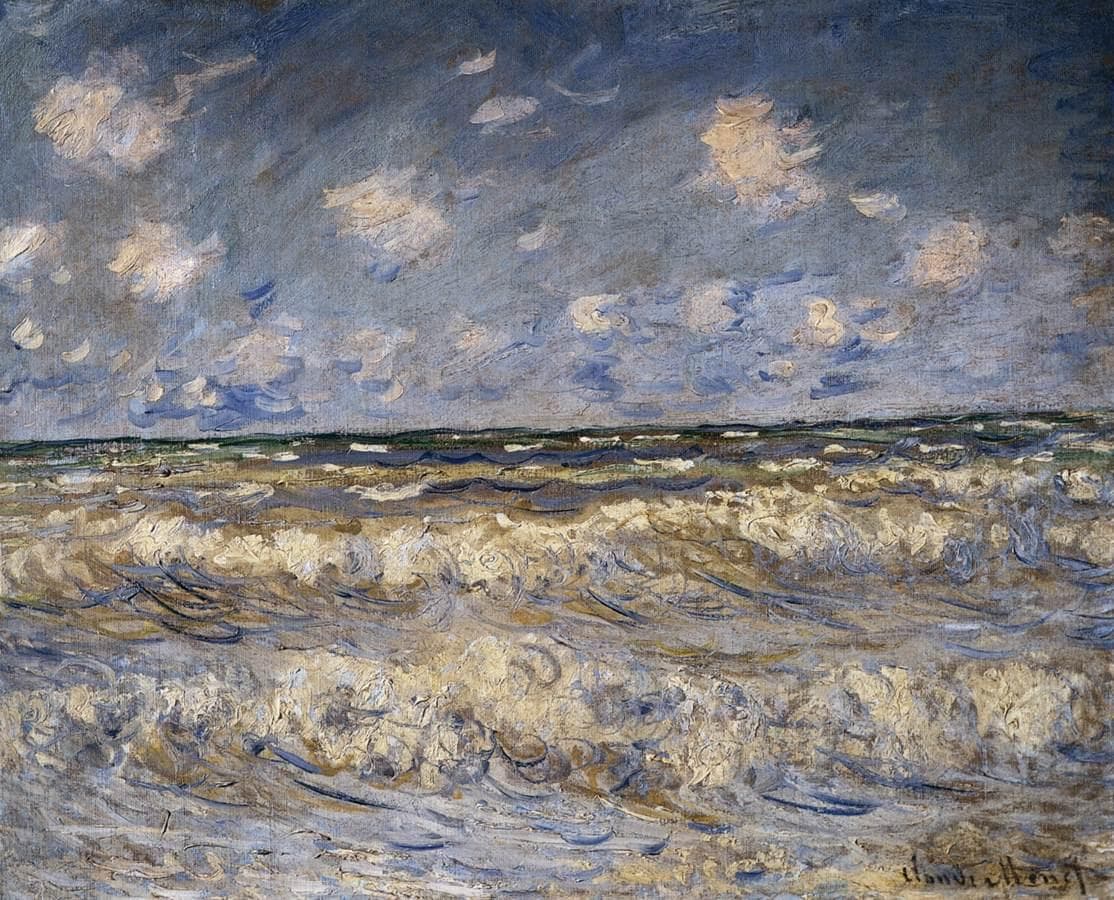 Rows of cream and grey breaking waves fill the lower canvas beneath a blue sky scattered with small white clouds — Claude Monet, Stormy Sea, early 1880s