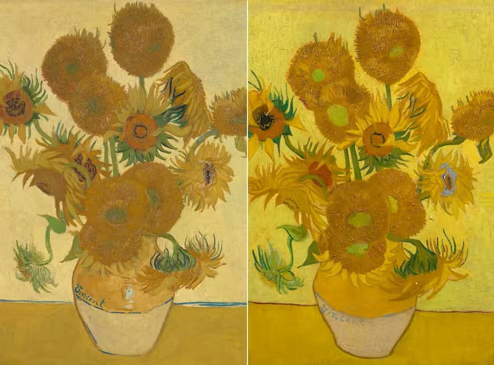 Two versions of a vase of yellow sunflowers, fresh and wilting, against yellow backgrounds, side by side — Vincent van Gogh, Sunflowers, 1888 and 1889