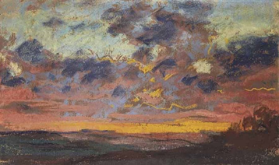 Violet and blue clouds streaked with yellow zigzags drift over a band of orange sunset and a dark strip of land with trees — Claude Monet, Sunset (Coucher de soleil), c. 1868
