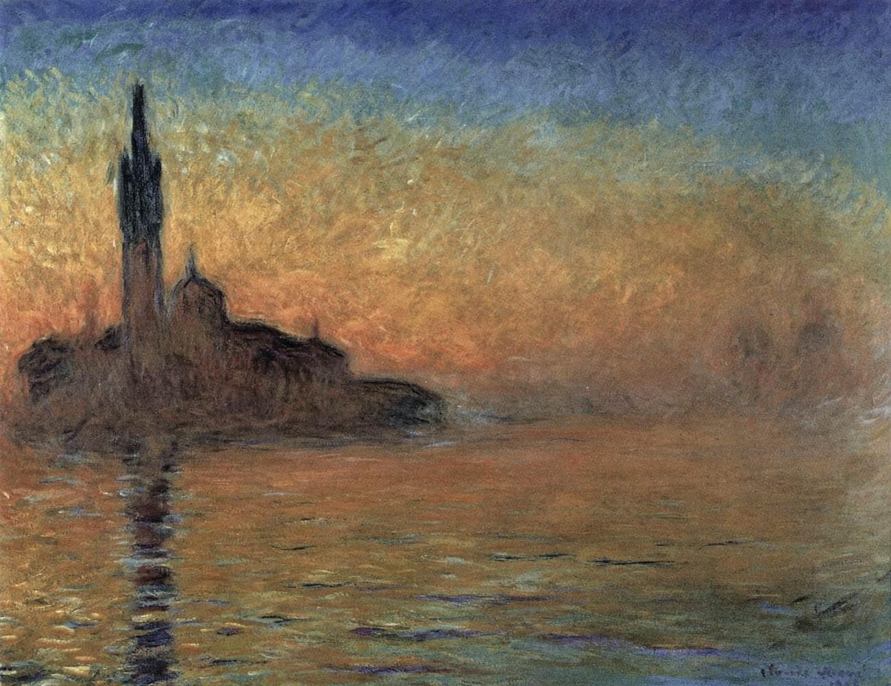 The dark silhouette of a church and bell tower on an island stands against an orange and gold sunset reflected in still water — Claude Monet, San Giorgio Maggiore at Dusk (Sunset in Venice), 1908–12