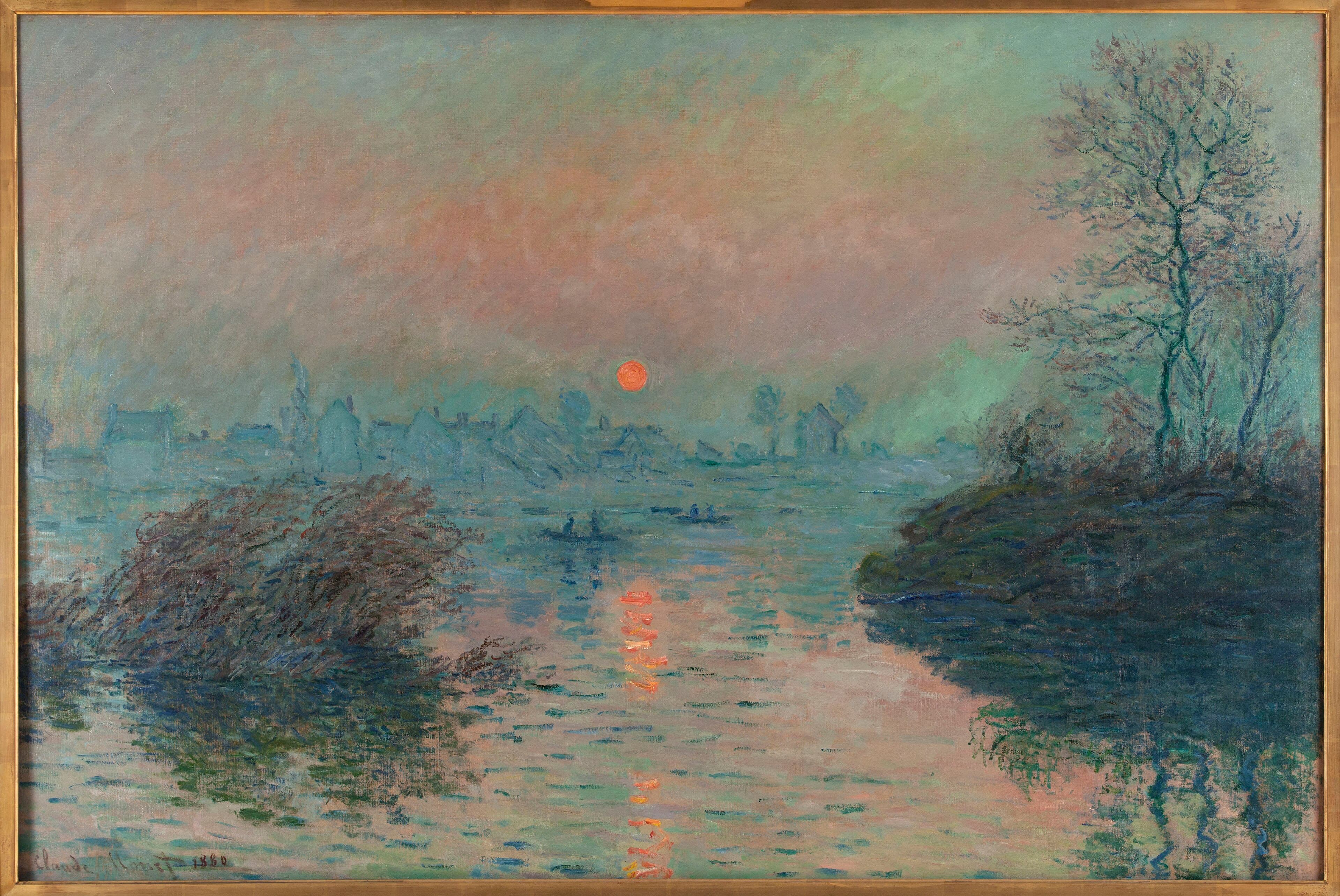 A small red sun sets in an orange haze over a wide river with drifting ice, a dark brushy island at left, a bare tree at right and a small boat in mid-stream — Claude Monet, Sunset on the Seine at Lavacourt, Winter Effect, 1880