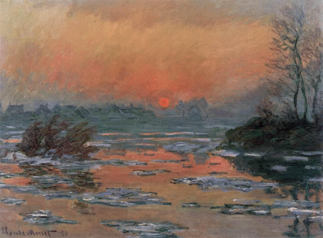 A small red sun sets in an orange haze over a river crowded with grey-white ice floes, bare trees dark on the right bank — Claude Monet, Sunset on the Seine in Winter, 1880