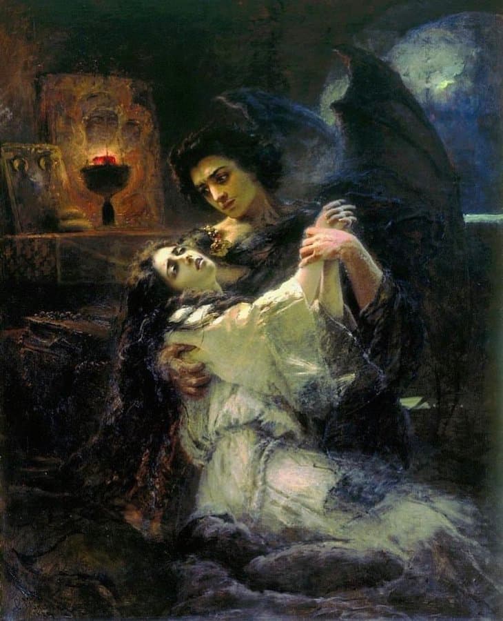 A pale winged demon with black hair holds a fainting dark-haired woman in a white dress in a dim room lit by an icon lamp — Konstantin Makovsky, Tamara and Demon, 1889