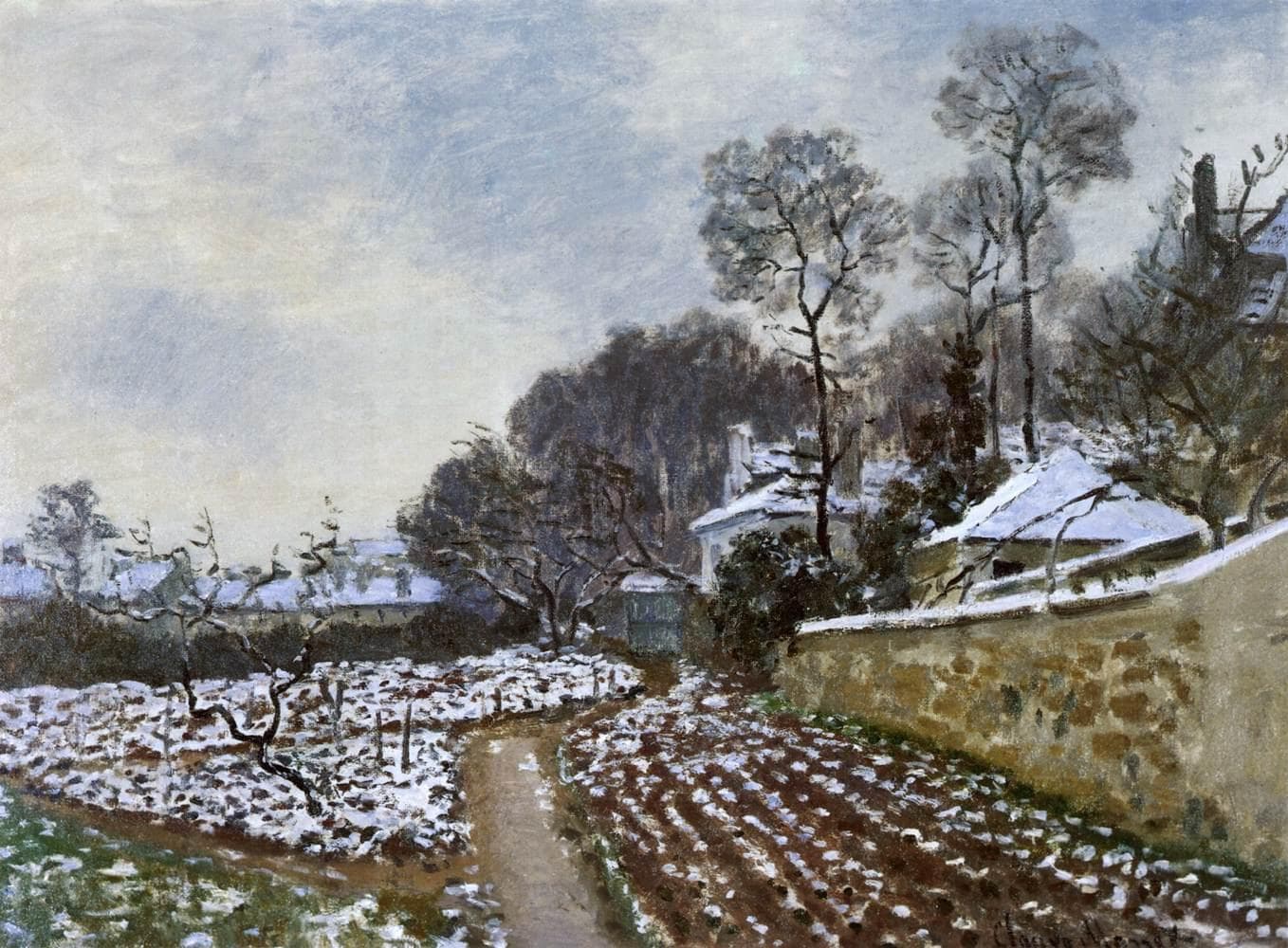 Patches of melting snow on furrowed garden plots either side of a muddy path, a long stone wall and snow-roofed cottages under a grey sky — Claude Monet, Thaw in Argenteuil, 1873