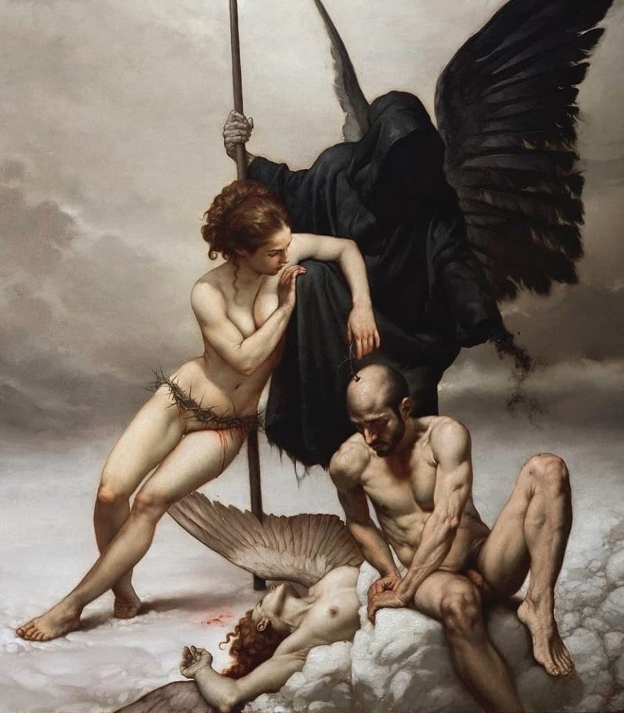 A hooded, black-winged Death holds a staff as a nude woman girdled with thorns leans on him above a dead winged angel and a brooding seated man on clouds — Roberto Ferri, The Angel, the Death, and the Devil, 2018