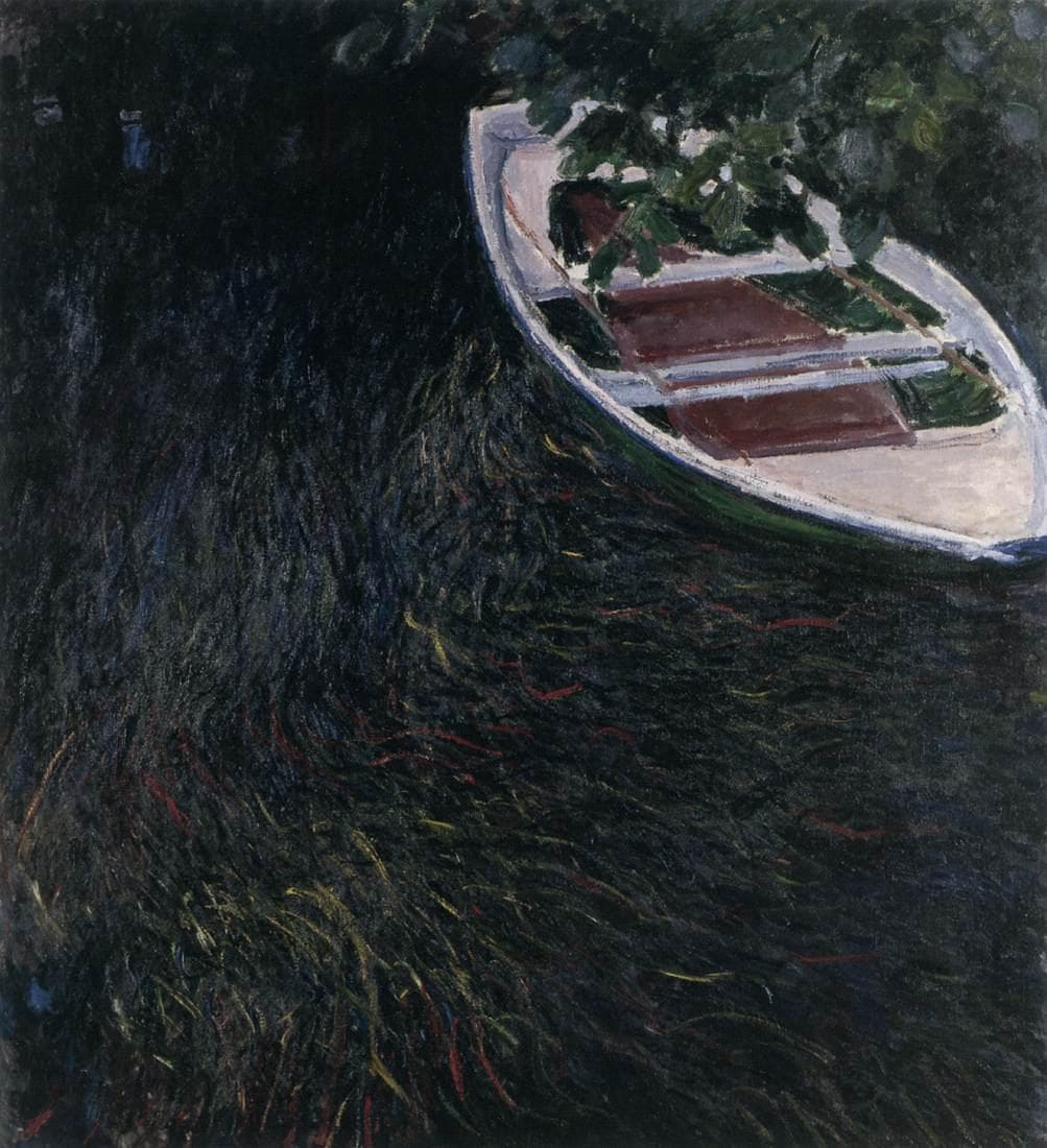 An empty rowing boat drifts at the top of the frame beneath overhanging leaves, above dark water threaded with long red and yellow strands of weed — Claude Monet, The Barque, 1887