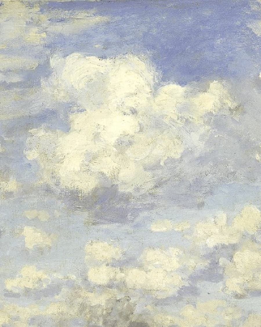 Billowing white and violet-grey cumulus clouds painted in thick, separate strokes against a soft blue sky — Claude Monet, The Basin at Argenteuil (detail), 1872