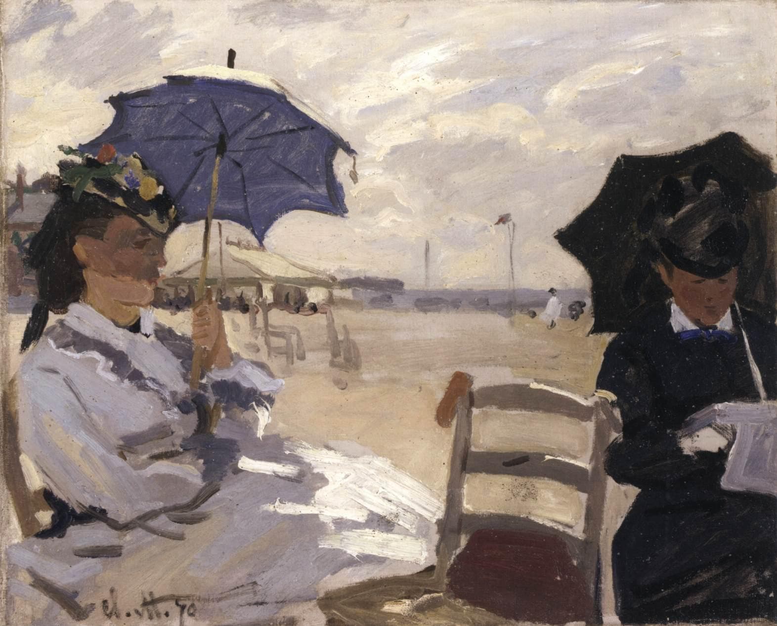 Two women sit on a beach beside an empty chair, one in a white dress under a blue parasol and one in black reading under a black parasol — Claude Monet, The Beach at Trouville, 1870