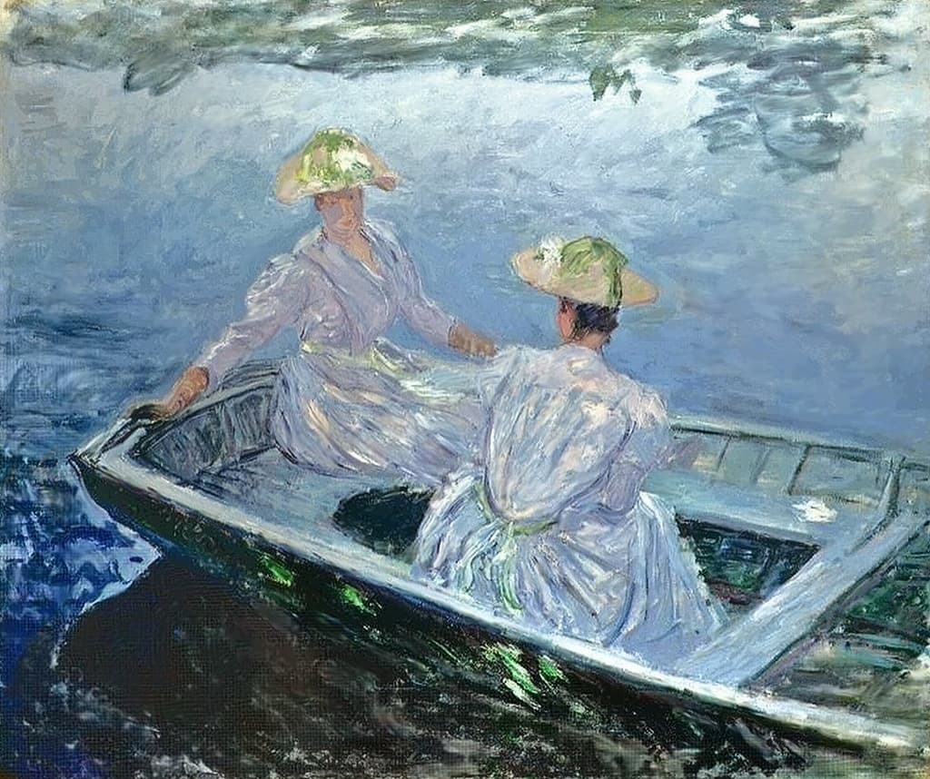Two young women in white dresses and straw hats sit facing each other in a pale blue rowing boat on dark blue-green water — Claude Monet, The Blue Boat, 1887
