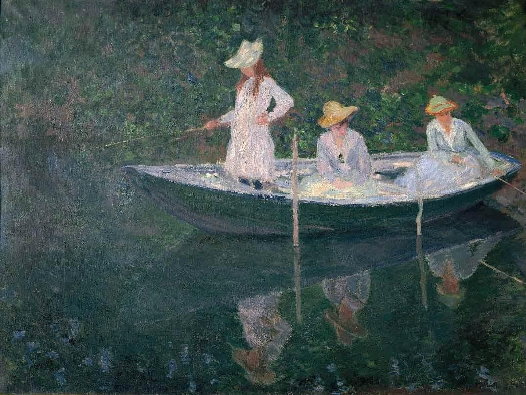 Three young women in white and straw hats sit fishing in a green rowing boat, reflected in dark water before dense foliage — Claude Monet, The Boat at Giverny, c. 1887