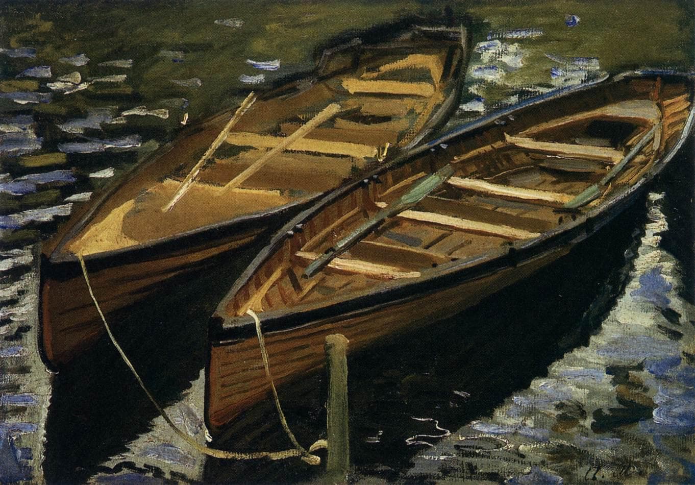 Two brown wooden rowing boats with oars moored side by side on dark water broken by blue and white ripples — Claude Monet, The Boats, 1869