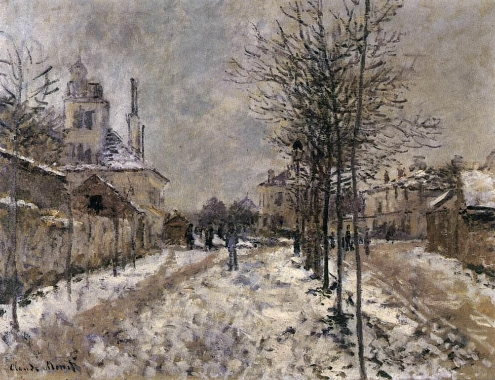 A snowy avenue lined with bare trees leads past a house with a tower and snow-covered roofs toward distant figures under a pale grey sky — Claude Monet, The Boulevard de Pontoise in Argenteuil under Snow, 1875