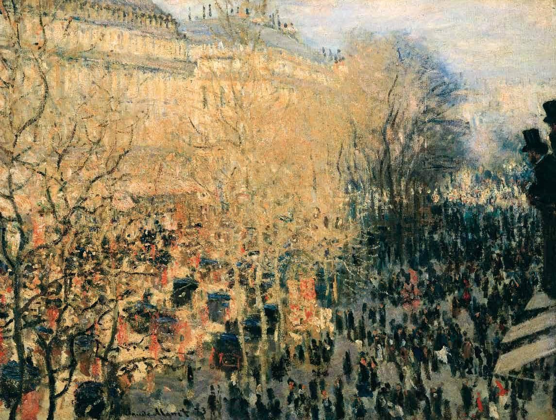 A crowded Paris boulevard seen from above under a haze of golden trees, two men in top hats watching from a balcony at right — Claude Monet, The Boulevard des Capucines, 1873