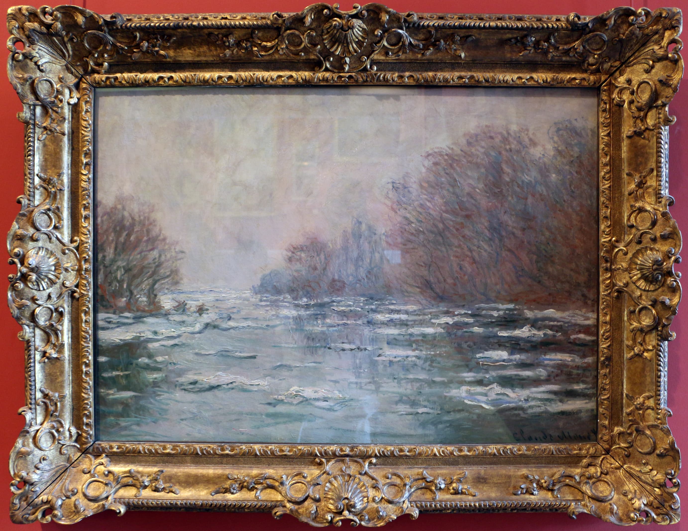 Pale ice floes crowd a river flowing out of white mist, bare pinkish trees on both banks — Claude Monet, The Breaking Up of the Ice near Vétheuil, c. 1880