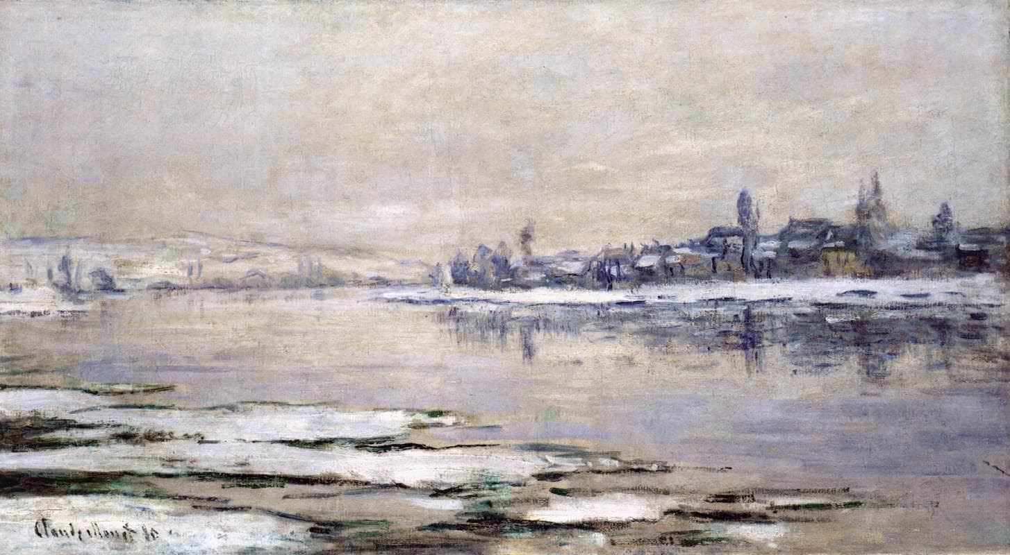 Slabs of white ice drift on grey-lilac water below a pale sky and a snowy village on the far bank — Claude Monet, The Breakup of the Ice at Lavacourt, 1880