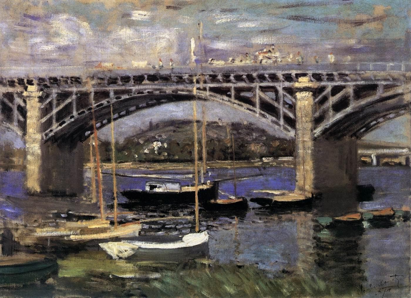 A road bridge of stone piers and dark iron arches spans the Seine, with sailboats moored beneath it and a white dinghy in front — Claude Monet, The Bridge at Argenteuil, 1874