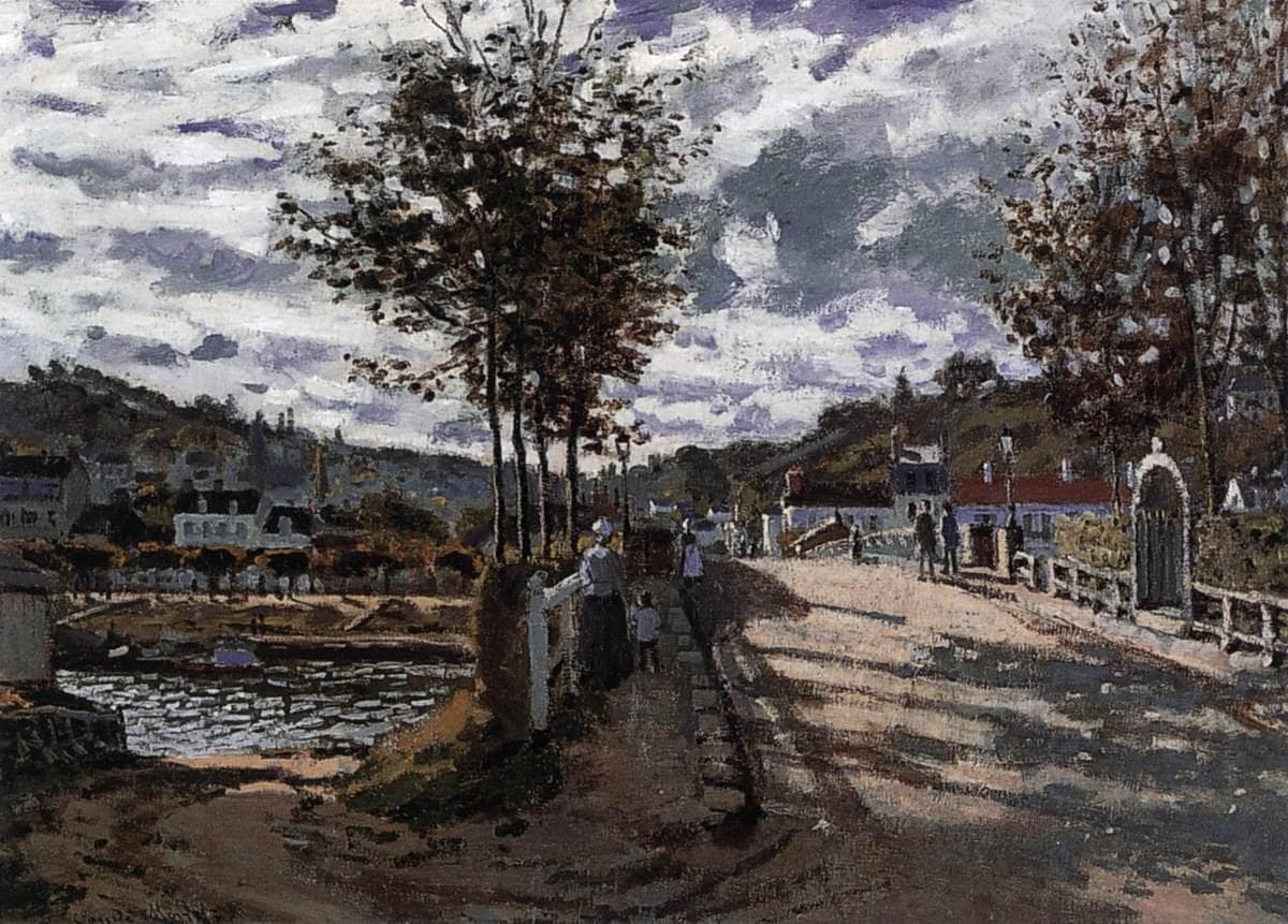 A sandy road lined with slim trees leads onto a bridge over the Seine, with strollers and a village beneath a cloudy sky — Claude Monet, The Bridge at Bougival, 1869