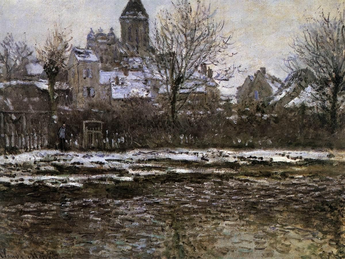 A Gothic church tower rises above snowy village roofs and bare trees, with a small figure by a gate and dark water in the foreground — Claude Monet, The Church in Vétheuil in Winter, 1878–79