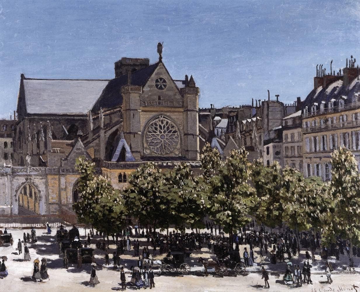 A Gothic church façade with a rose window rises behind a row of green trees and a sunlit square crowded with tiny figures — Claude Monet, The Church of Saint-Germain-l'Auxerrois, 1867