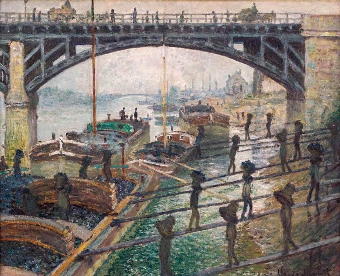 Dark silhouetted men carry baskets of coal up planks from barges on the Seine beneath the arch of an iron bridge — Claude Monet, The Coal Workers, c. 1875