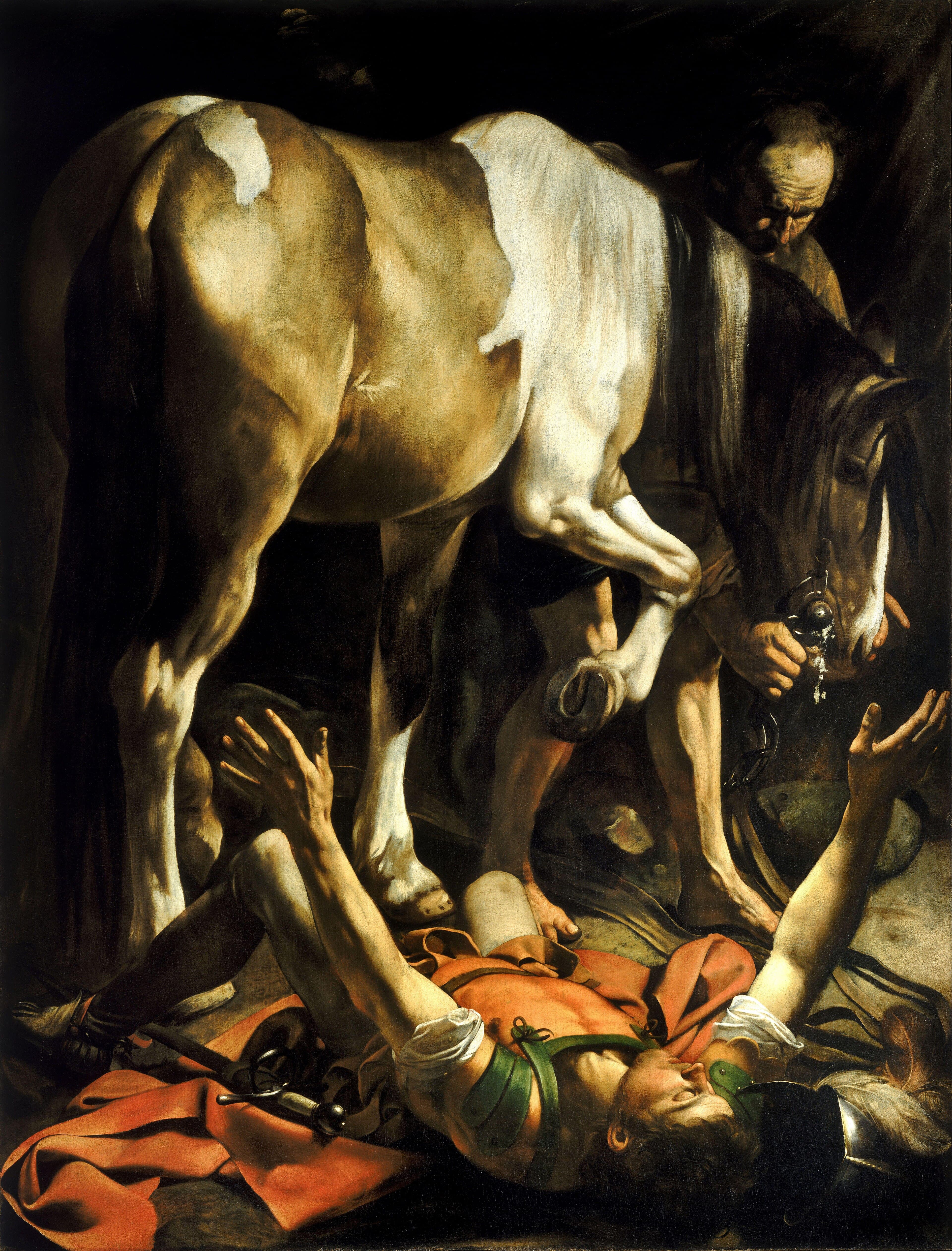 A young soldier lies on his back with arms raised beneath a lit piebald horse held by an old groom in darkness — Caravaggio, The Conversion of Saint Paul, 1600–01