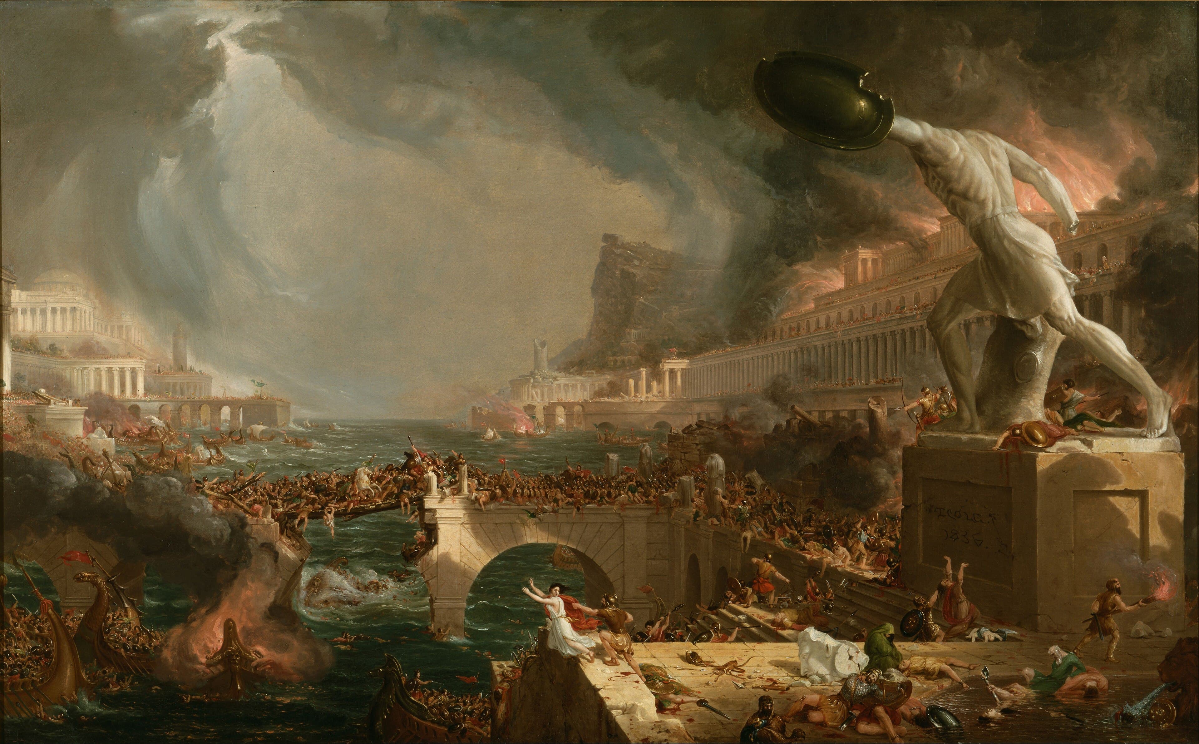 A classical city burns under a storm as invaders swarm a collapsing bridge and a headless colossal statue raises its shield — Thomas Cole, The Course of Empire: Destruction, 1836