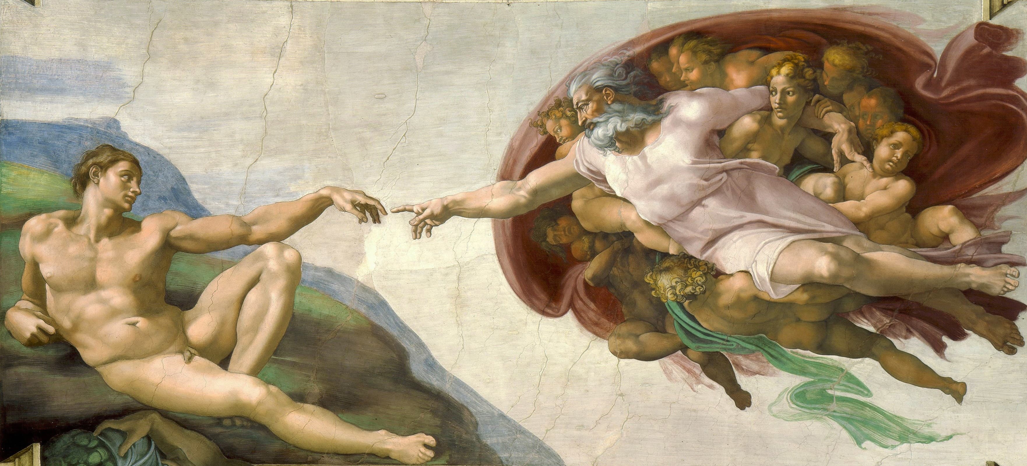 A reclining nude Adam stretches a limp hand toward the outstretched finger of God, who flies in a red cloak full of angels — Michelangelo, The Creation of Adam, c. 1511–12