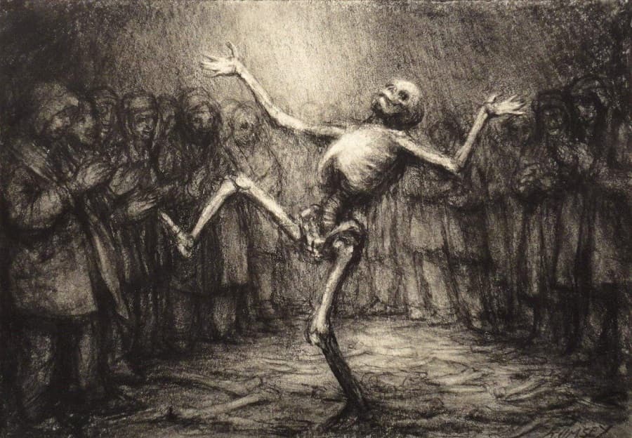 A charcoal drawing of a skeleton dancing alone in a pool of light, arms flung wide, before a silent crowd of hooded figures — Paul Rumsey, from The Danse Macabre series
