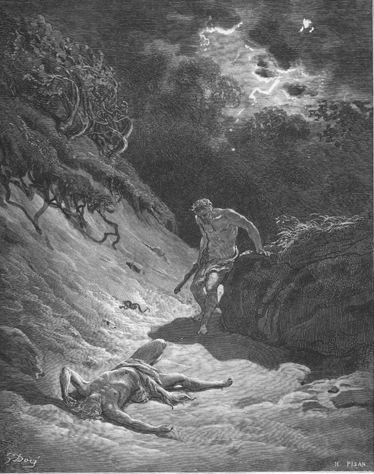 A man holding a club walks away up a dark ravine, looking back at a body lying in the light below as lightning breaks the sky — Gustave Doré, The Death of Abel, wood engraving, 1866