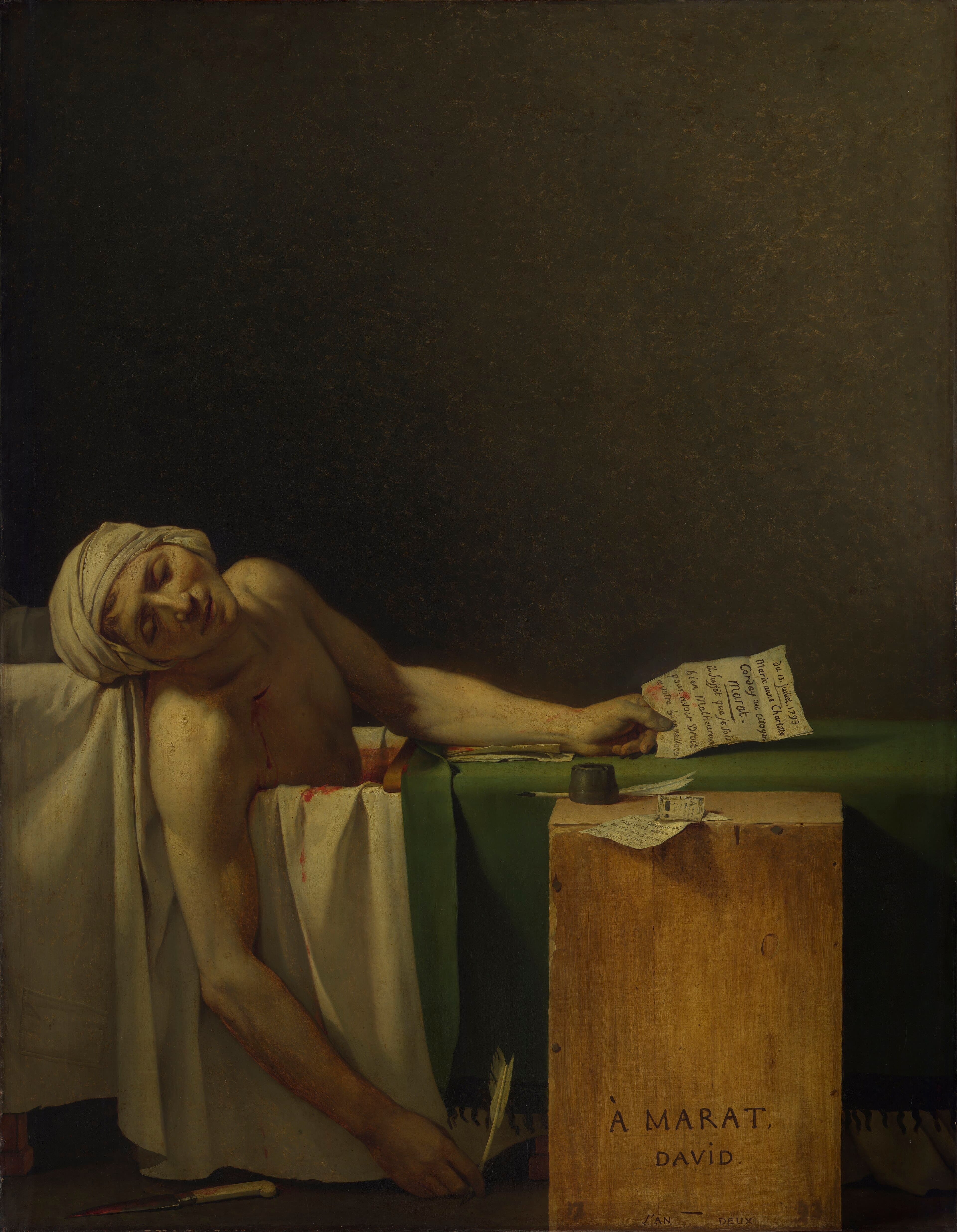 A dead man with a white head cloth slumps in a bathtub, one arm hanging to the floor with a quill, a letter in his other hand, before a dark empty wall — Jacques-Louis David, The Death of Marat, 1793