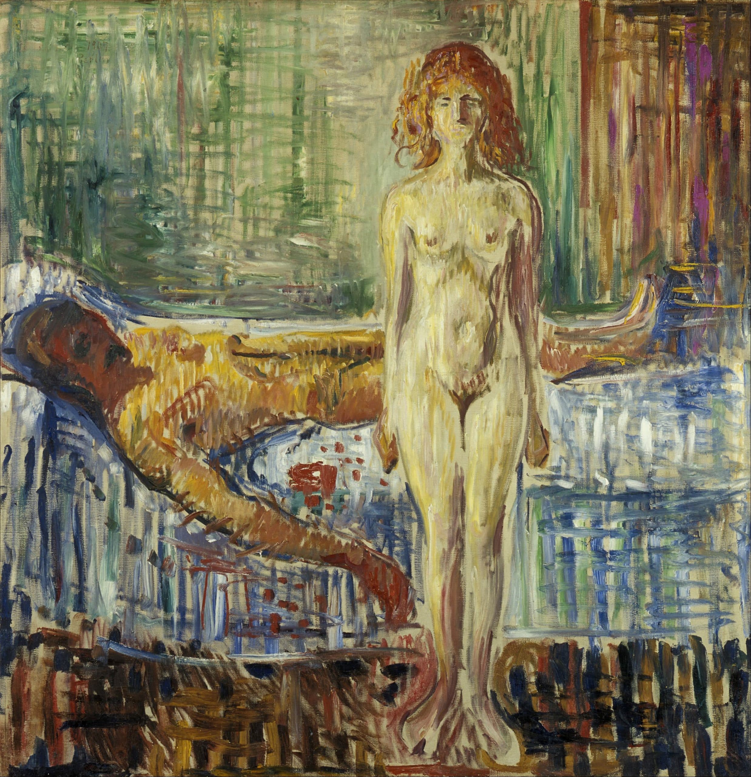 A naked red-haired woman stands upright before a bed on which a naked man lies bleeding, painted in streaked strokes of green, blue and orange — Edvard Munch, The Death of Marat II, 1907