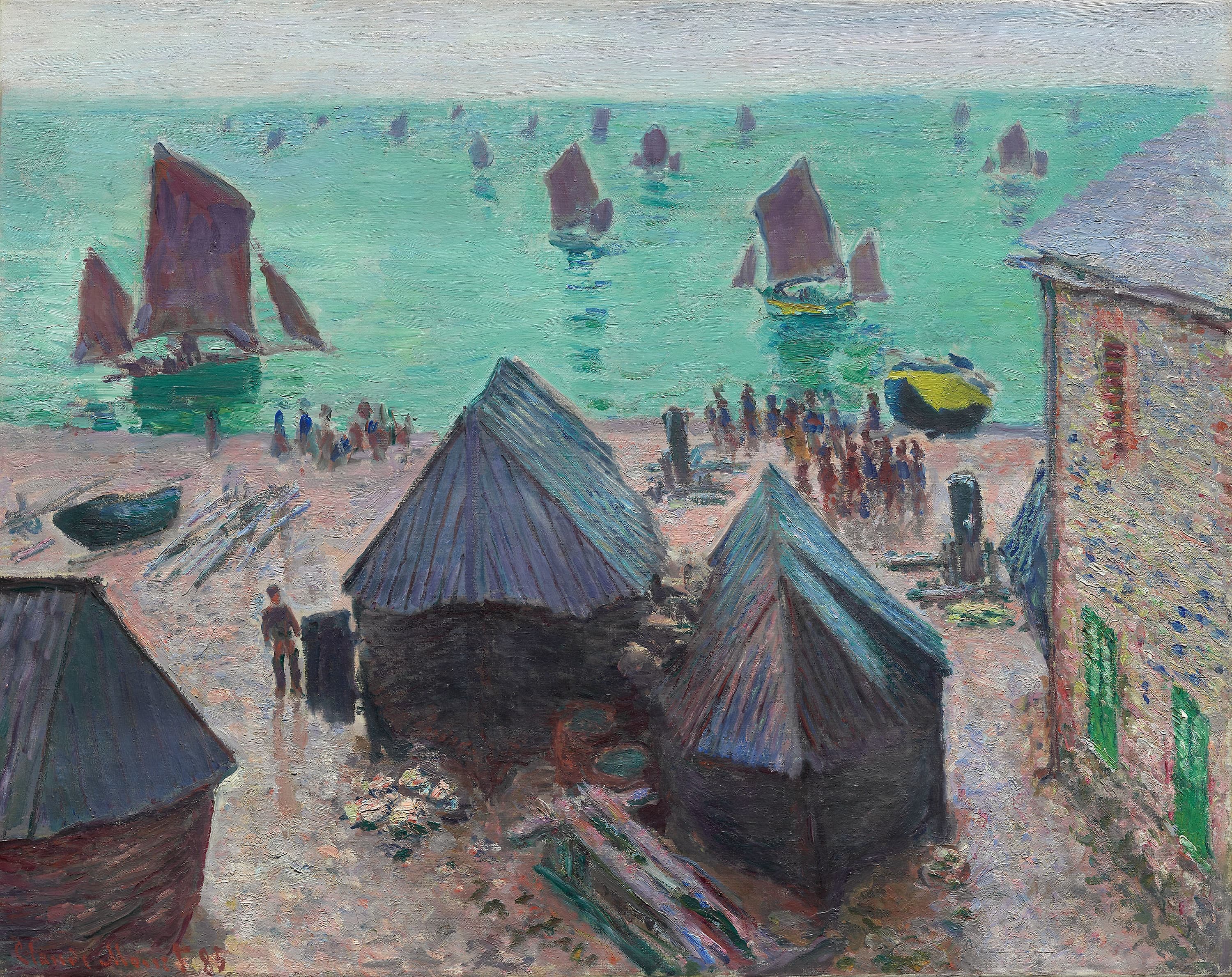 Seen from above, dark boat-sheds stand on a pink beach where a crowd gathers as fishing boats with red sails put out onto an emerald sea — Claude Monet, The Departure of the Boats, Étretat, 1885