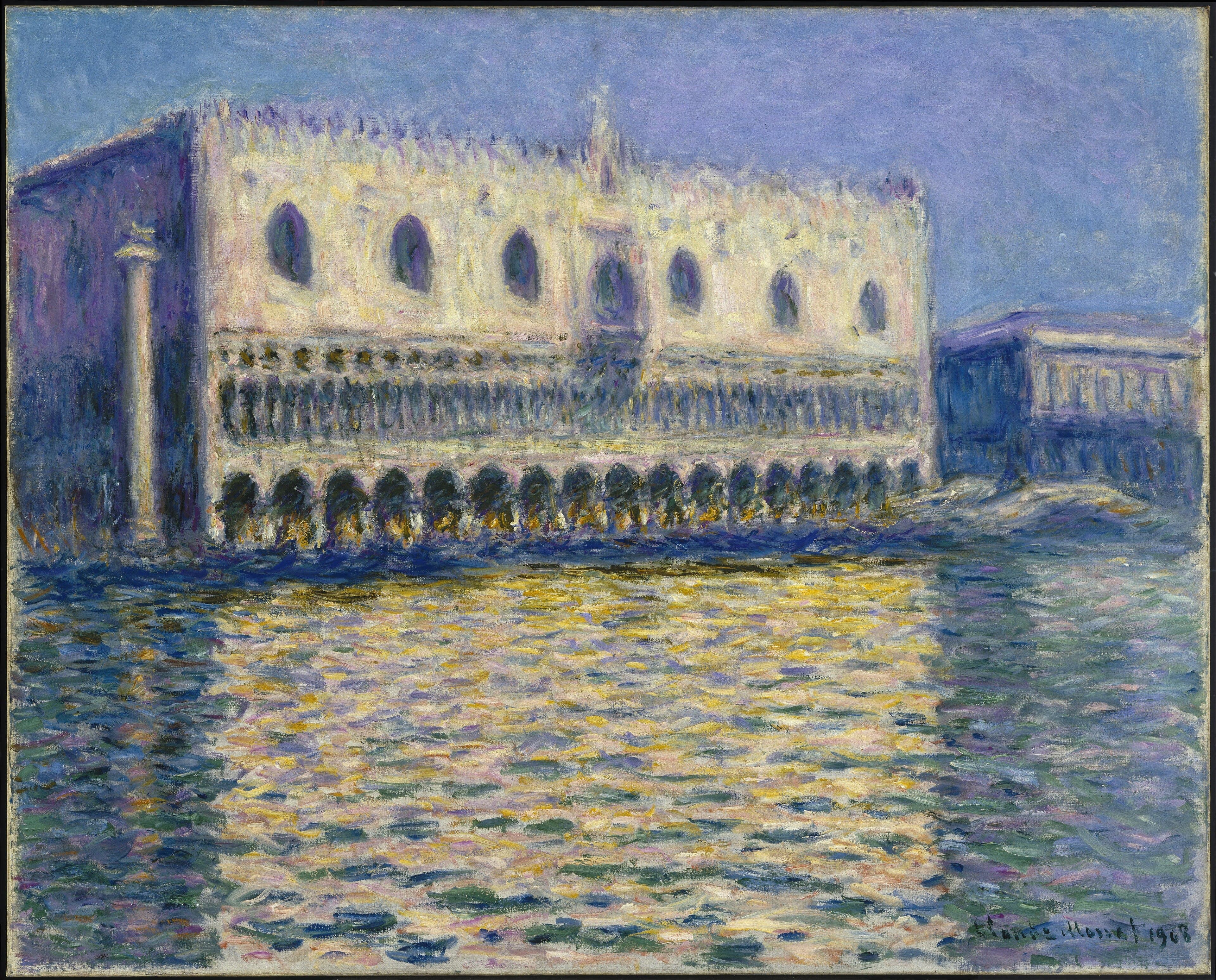 The arcaded facade of the Doge's Palace in Venice glows cream and violet under a blue sky above choppy water full of gold reflections — Claude Monet, The Doge's Palace, 1908
