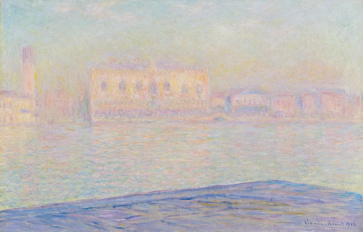The Doge's Palace and Venice's waterfront fade into pale gold and pink haze across a shimmering lagoon, a lavender quay edge in front — Claude Monet, The Doge's Palace Seen from San Giorgio Maggiore, 1908