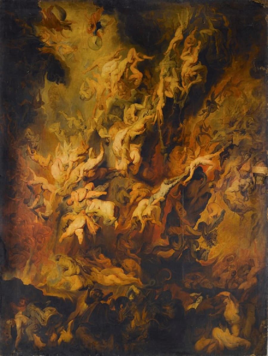 A cascade of twisting nude bodies falls through darkness, seized by demons, painted in tones of brown and gold — attributed to Guy Head after Rubens, The Fall of the Damned, before 1799