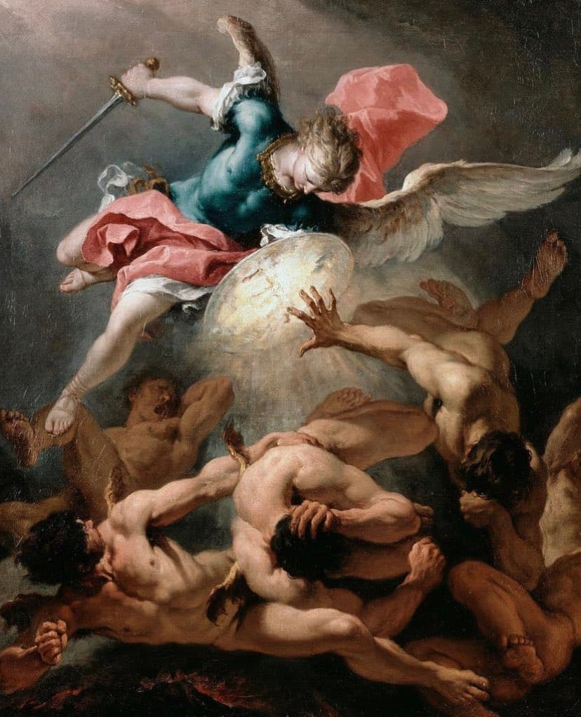 The archangel Michael in a blue breastplate and pink cloak raises his sword as muscular nude rebel angels tumble below him — Sebastiano Ricci, The Fall of the Rebel Angels, c. 1720