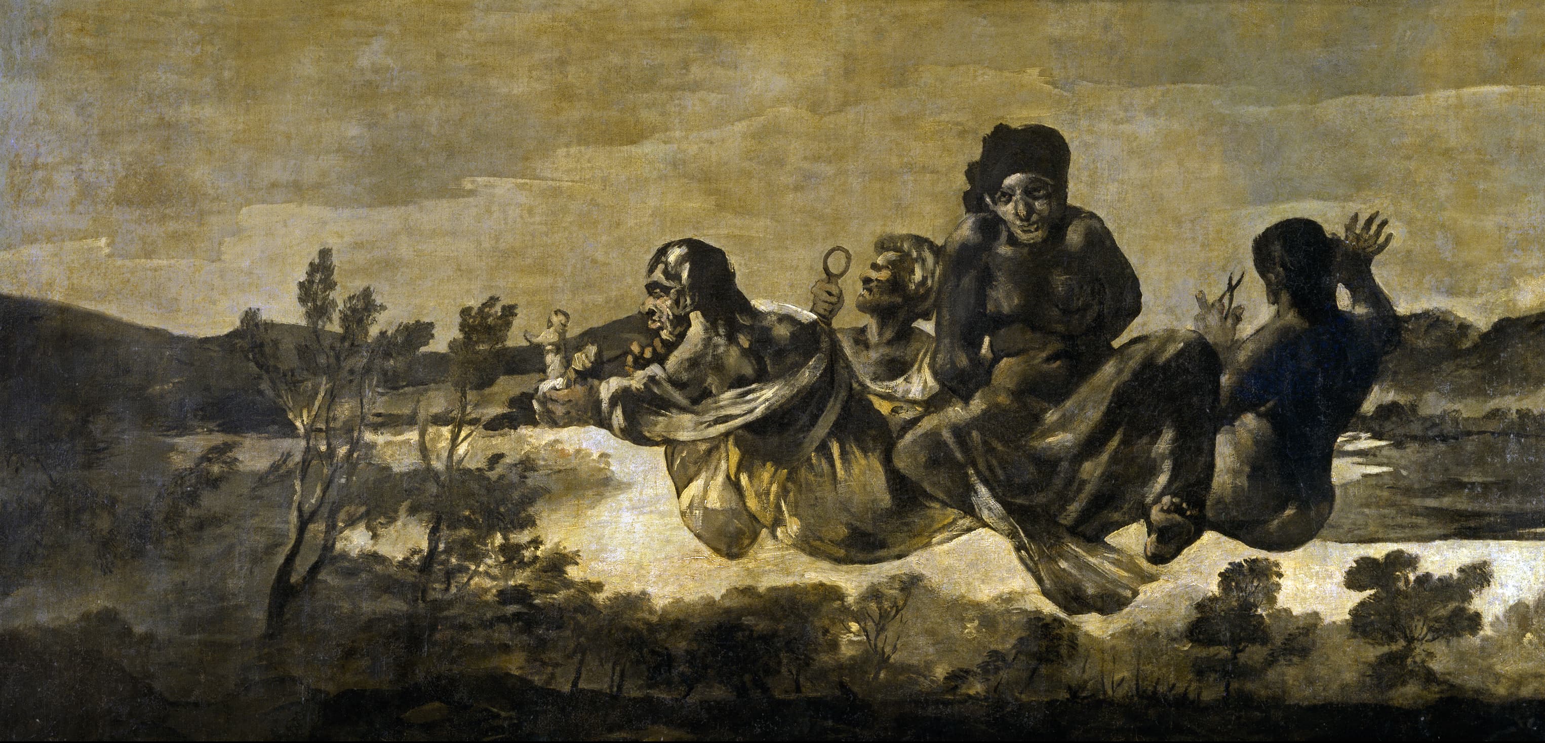 Three old women and a bound figure float in a dark cluster above a wide brown valley, one holding scissors and another a lens — Francisco Goya, Atropos (The Fates), c. 1819–1823