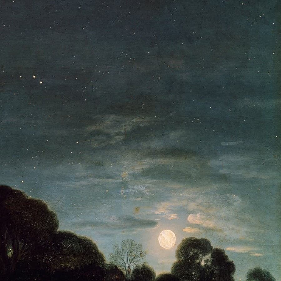 A full moon wrapped in thin silver clouds rises over dark trees in a star-filled night sky — Adam Elsheimer, The Flight into Egypt (detail), 1609