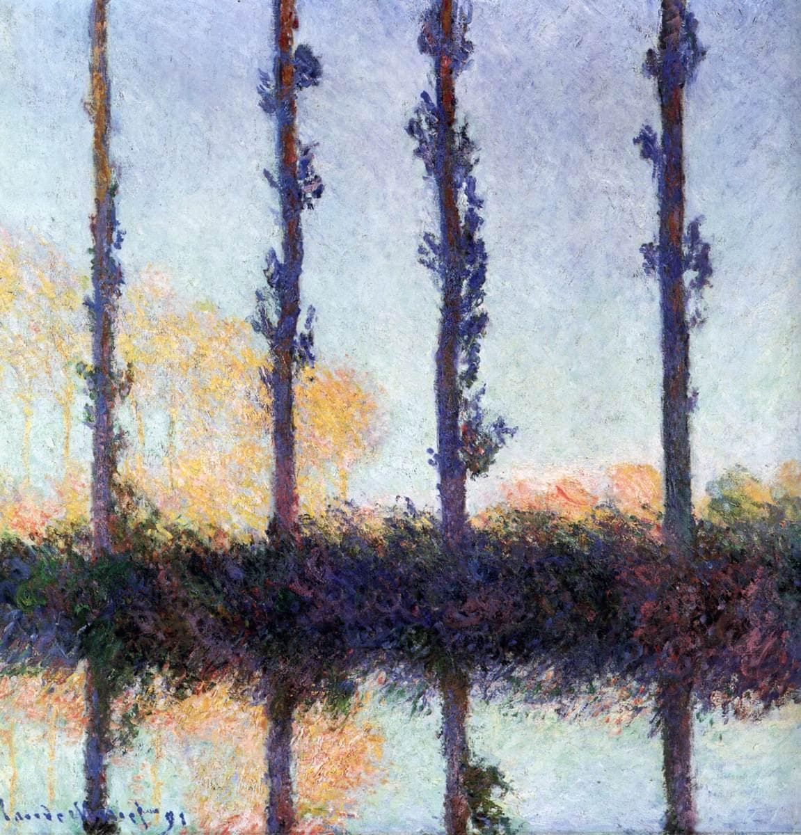 Four tall thin poplar trunks rise off the top of the canvas against a pale sky and a curving row of orange autumn trees, all reflected in a still river — Claude Monet, The Four Trees, 1891