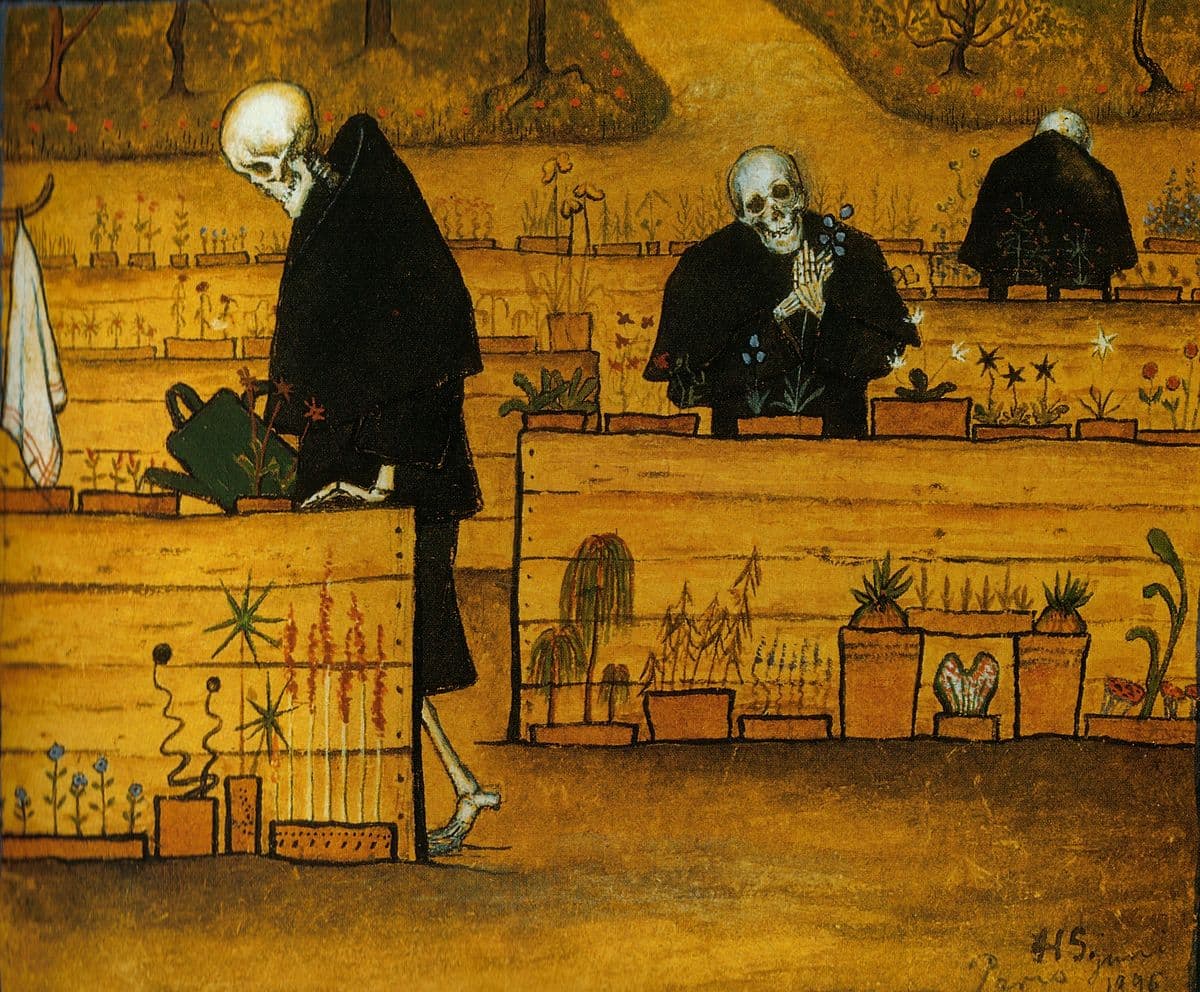 Three skeletons in black robes water and tend small spiky plants in a warm ochre walled garden — Hugo Simberg, The Garden of Death, 1896
