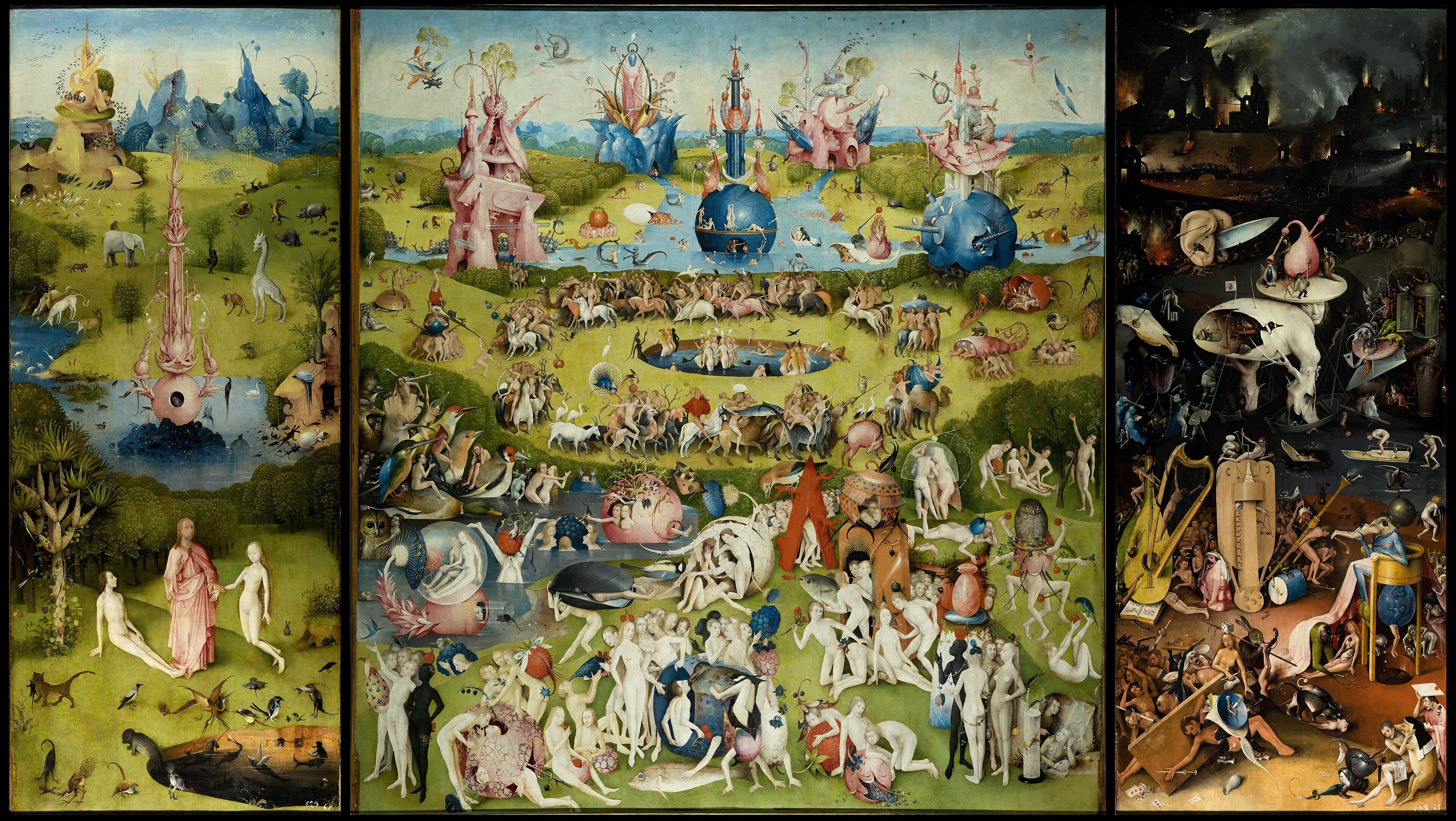 A three-panel painting moving from a calm green Eden through a crowded garden of naked figures and giant fruit to a dark, burning hell full of monsters — Hieronymus Bosch, The Garden of Earthly Delights, c. 1490–1510