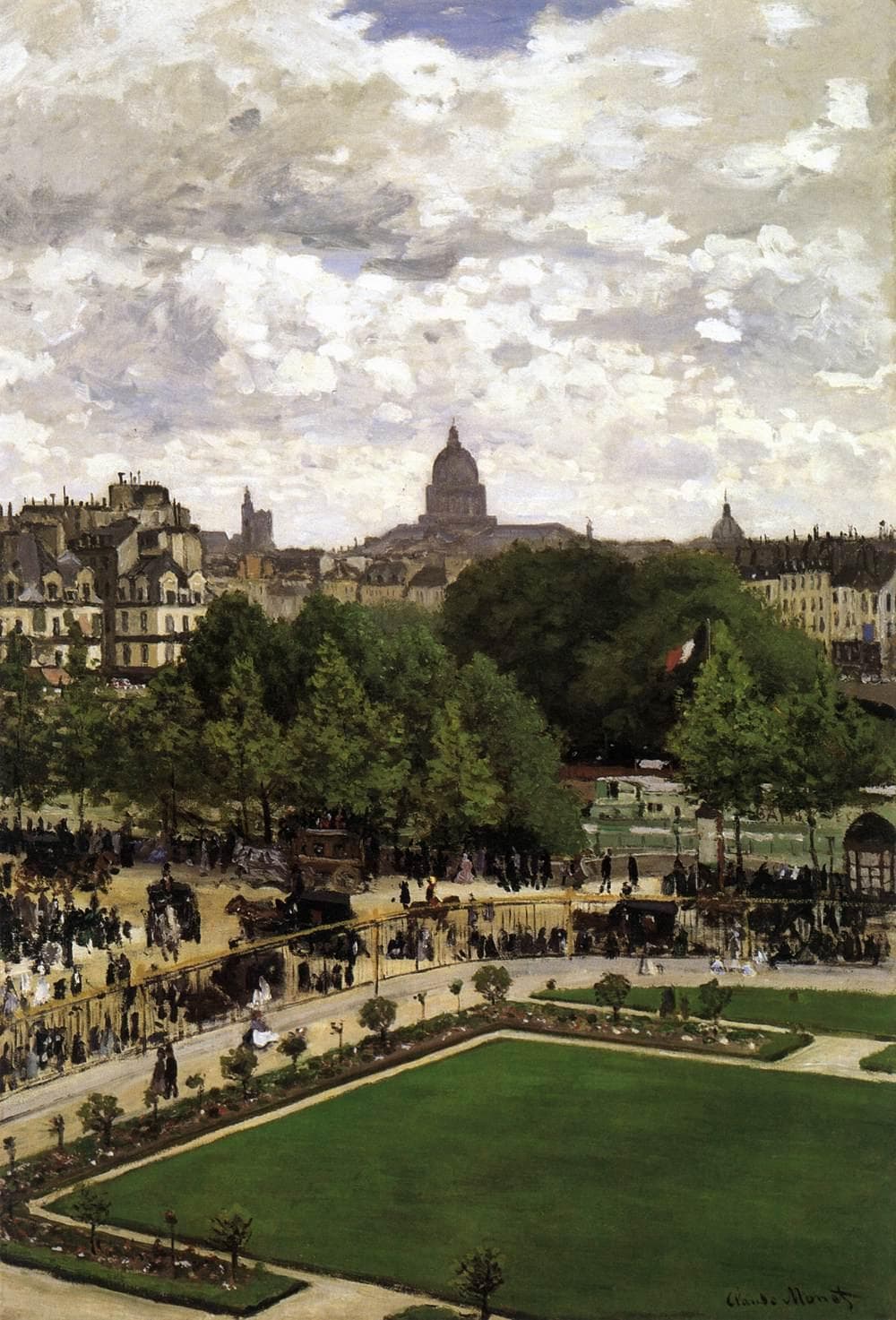 A green formal lawn beside the Louvre leads to busy quays and the Paris skyline crowned by the Panthéon dome under a cloudy sky — Claude Monet, The Garden of the Infanta, 1867