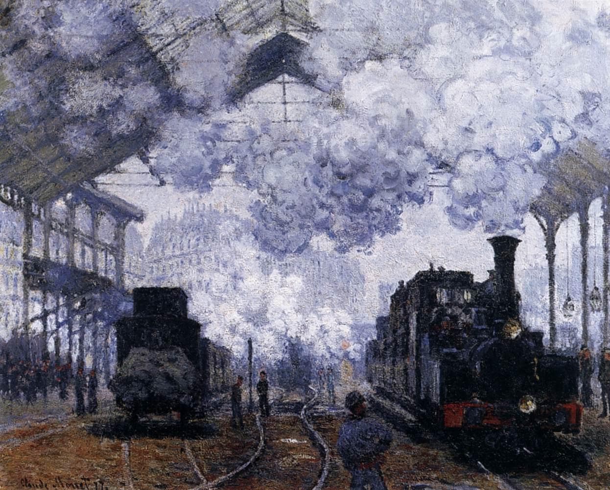 A black steam locomotive with a red buffer beam pulls into a glass-roofed station beneath huge clouds of blue and white smoke — Claude Monet, The Gare Saint-Lazare: Arrival of a Train, 1877