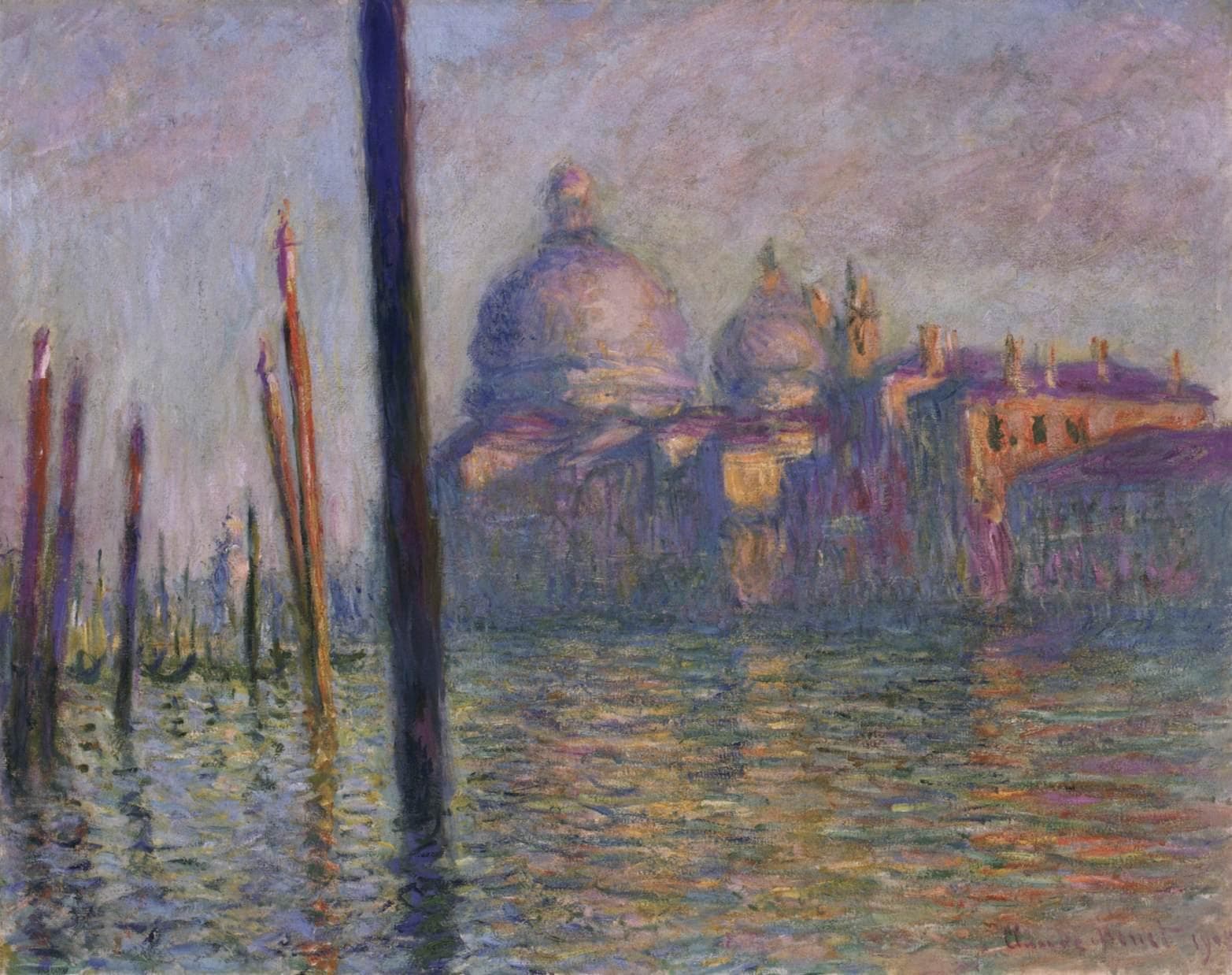 Wooden mooring poles stand in shimmering water before the pink and lavender domes of Santa Maria della Salute in a violet haze — Claude Monet, The Grand Canal, 1908