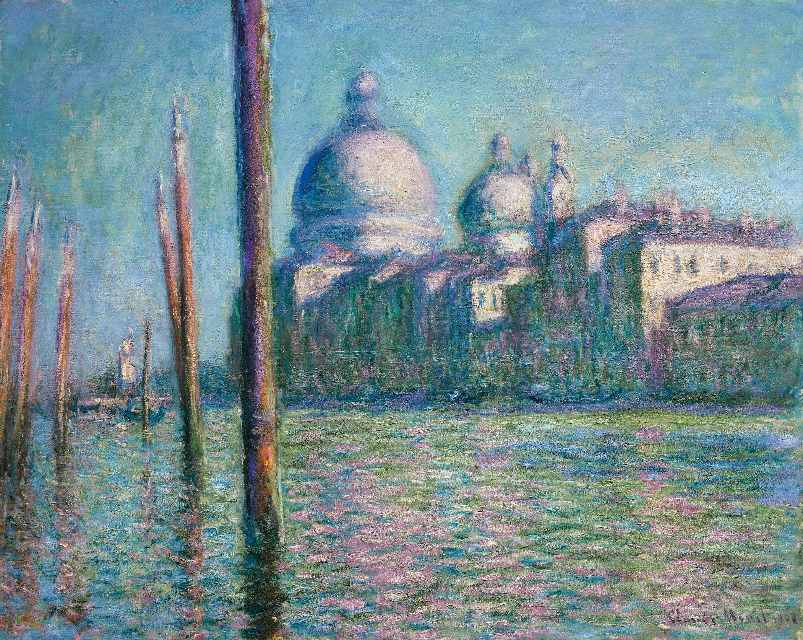 The domes of Santa Maria della Salute in lilac and white across green and violet water, behind dark mooring poles at left — Claude Monet, The Grand Canal, Venice, 1908