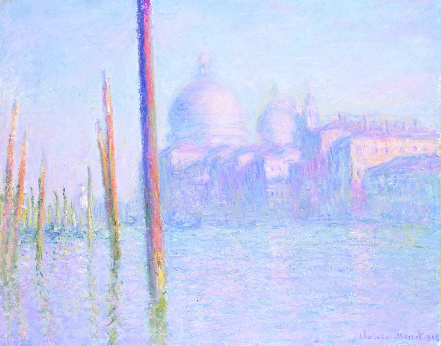 Pale pink domes of Santa Maria della Salute rise in lilac haze across the Grand Canal, behind tall striped mooring poles at left — Claude Monet, The Grand Canal, Venice, 1908